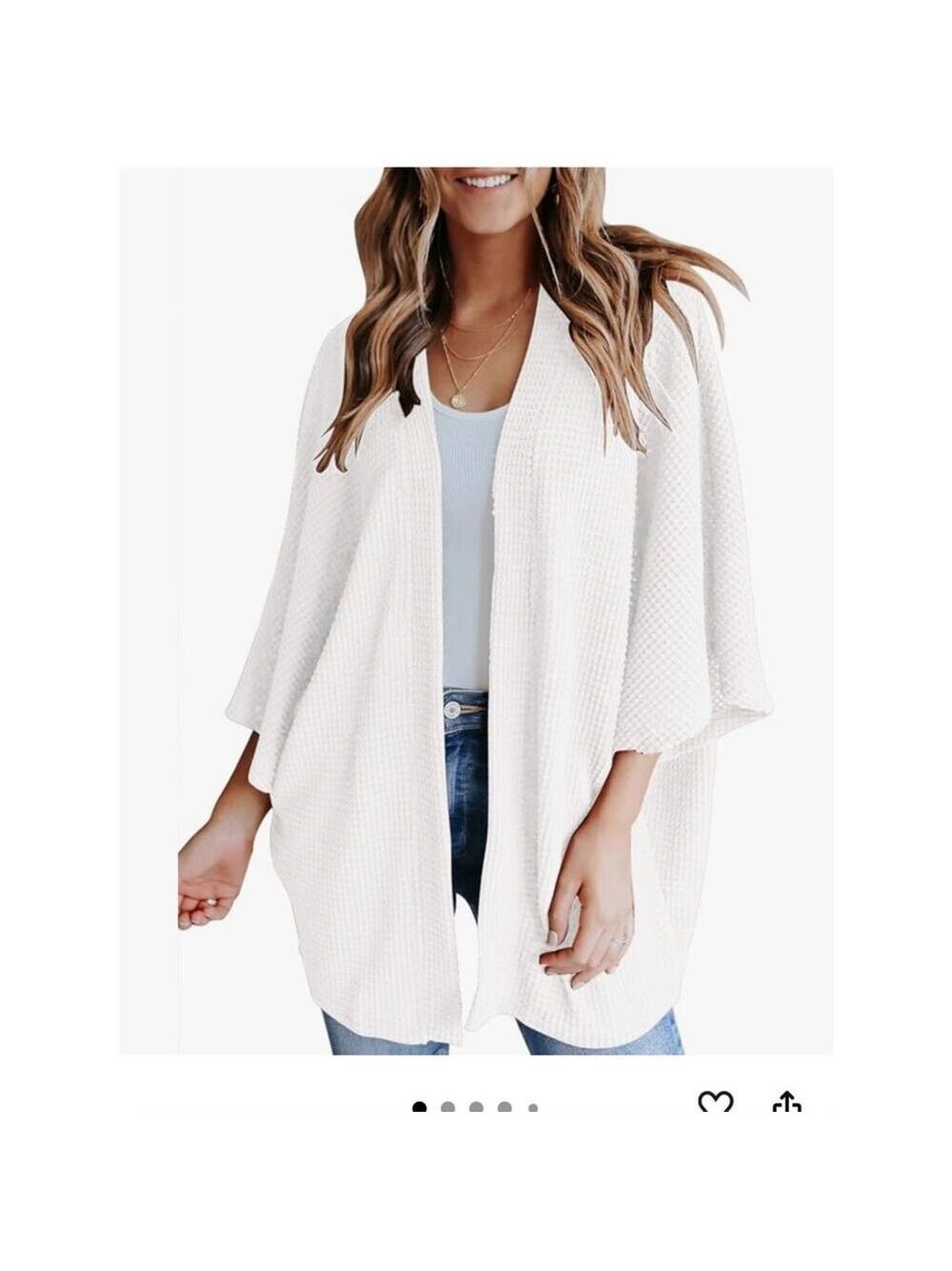Yibock White Waffle Knit Kimono Cardigan Open Front Batwing Sleeve Size L